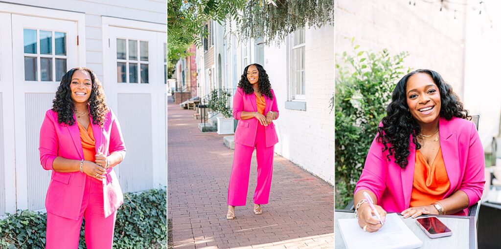 Trio collage of woman standing on a street in pink jumpsuit