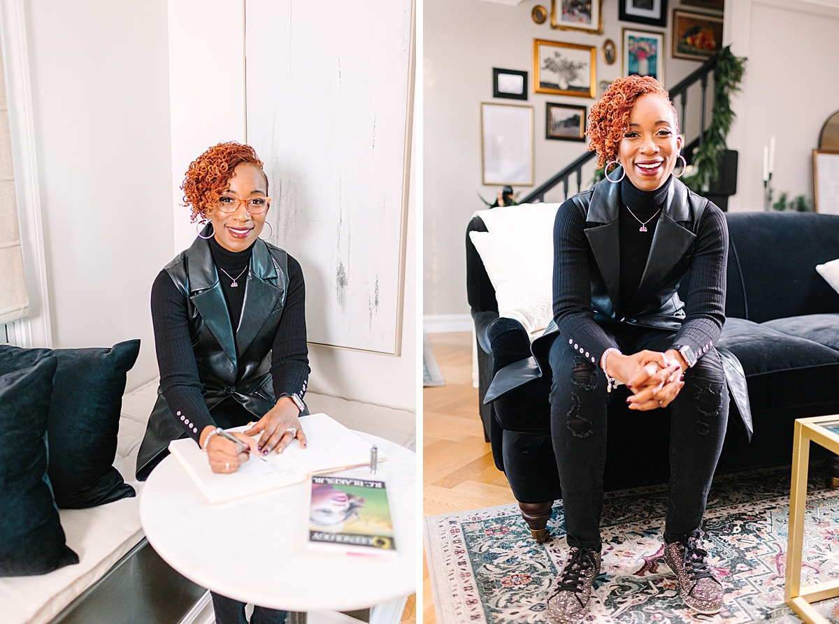 Left: Black woman sitting at a table smiling at the camera, Right: Woman sitting on couch smiling at camera.