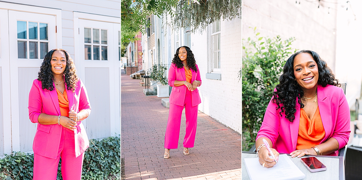 Trio collage of woman standing on a street in pink jumpsuit